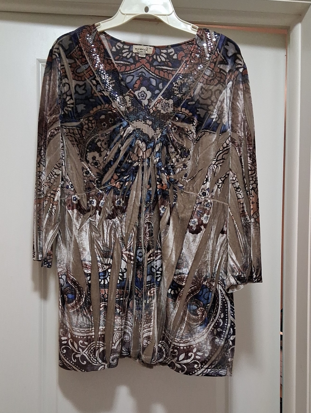 ONE WORLD Blue, Brown and Taupe Velvet Paisley V-Neck Tunic with Sequin Trim